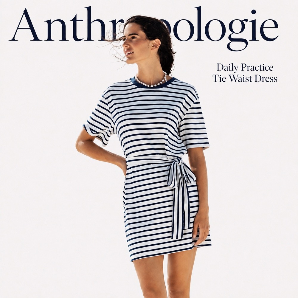 Anthropologie‎ Navy Striped Daily Practice Tie Waist Cotton Dress Large